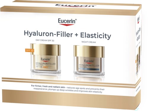 Pakkaus Eucerin Hyaluron-Filler + Elasticity päivä- ja yövoiteissa kulttisissa purkeissa.
