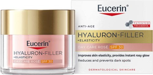 Eucerin hyaluron-filler voidepurkki ja pahvi, jotka sisältävät tuotetiedot ja SPF 30 suojan.
