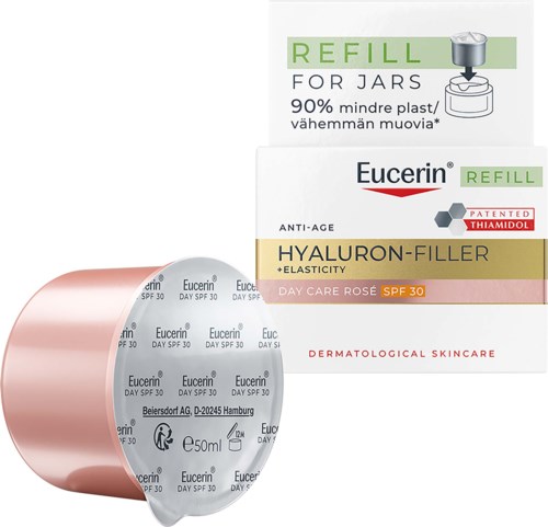 Eucerin hudvårdsprodukter med SPF 30 dagkräm och refillburkar, i rosa och vit förpackning.