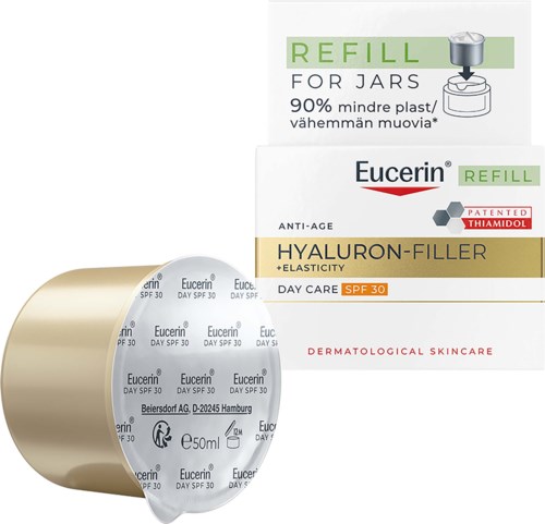 Eucerin Hyaluron-Filler dagkräm med SPF 30, refill förpackning och applikator, främjar anti-åldrande och hudelasticitet.