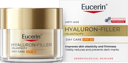 Et glass med Eucerin hyaluronsyre filler krem med SPF 30, med emballasje som viser produktdetaljer og påstander.