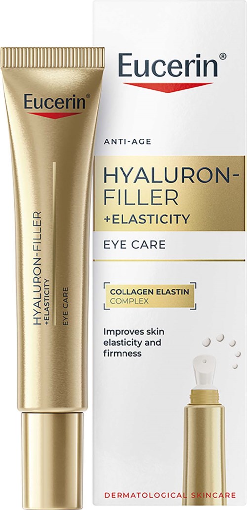 Eucerin Hyaluron-Filler ögonvård i gulds och vitt förpackning.
