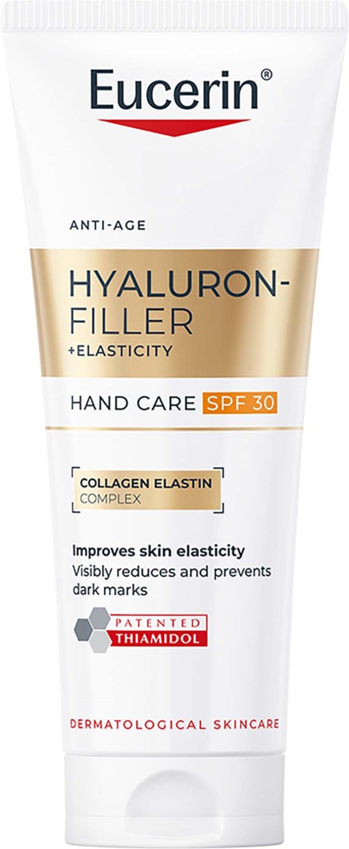Eucerin-handskarskräm med SPF 30, collagen elastinkomplex och anti-aging i ett vitt och beige rör.