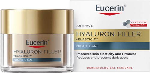 Eucerin yökreemi purkissa, jossa kultainen kansi, pakkauksessa tuote nimellä ja eduilla ihon elastisuudelle.