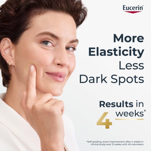 Eucerin-logo, nainen koskettaa poskeaan, mainostaa ihon elastisuutta ja vähemmän tummia läiskiä, neljän viikon tulostus.