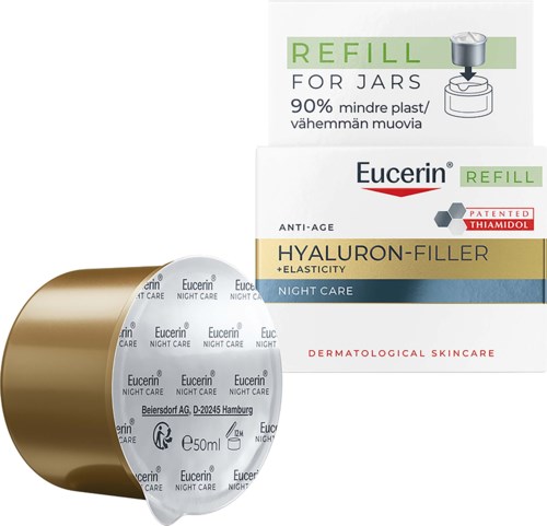 Eucerin Hyaluron-Filler Night Care uudelleen täyttöpakkaus kultaisessa ja valkoisessa säiliössä, jossa on tuotetiedot.