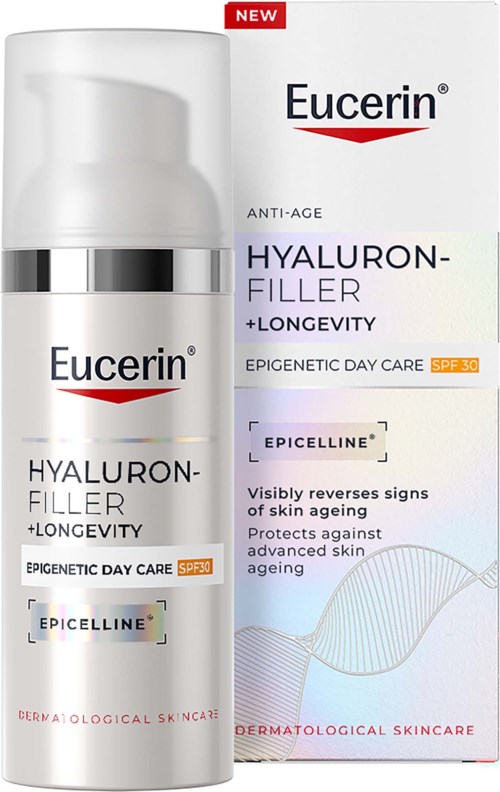 Eucerin Hyaluron-Filler ikääntymisen vastaista ihonhoitotuotetta valkoisessa pullossa hopea- ja punaisilla tehosteilla, vierekkäin pakkauksen kanssa.
