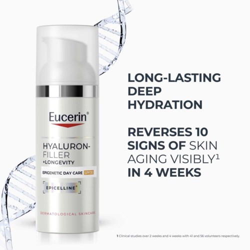 Eucerin Hyaluron-Filler ihonhoitotuote veden roiskesuunnittelulla taustalla, korostaen pitkäkestoista syvää kosteutusta.