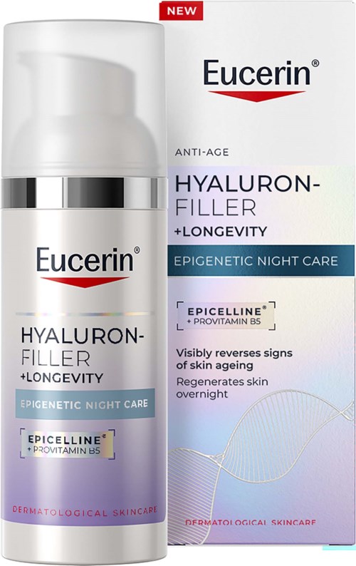 Eucerin Hyaluron-Filler yössä käytettävä voide Epilence ja provitamiini B5 sisältäen, valkoisessa ja violetissa pakkauksessa.