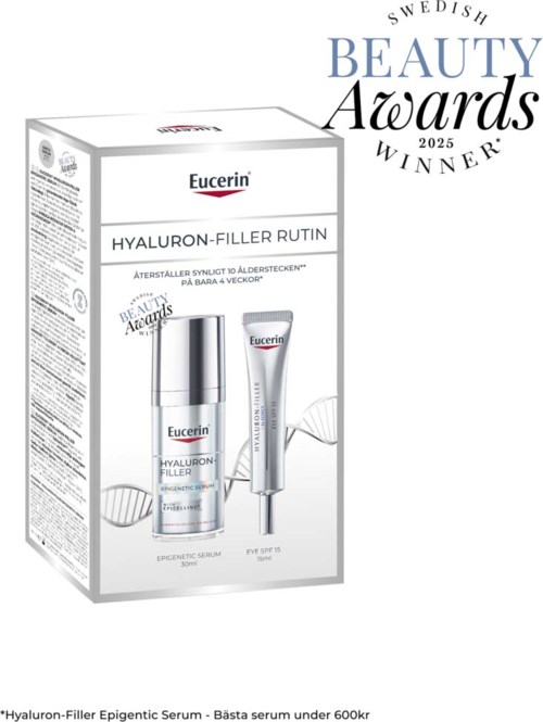Eucerin Hyaluron-Filler set met serum en crème, winnaar bij Swedish Beauty Awards 2025.