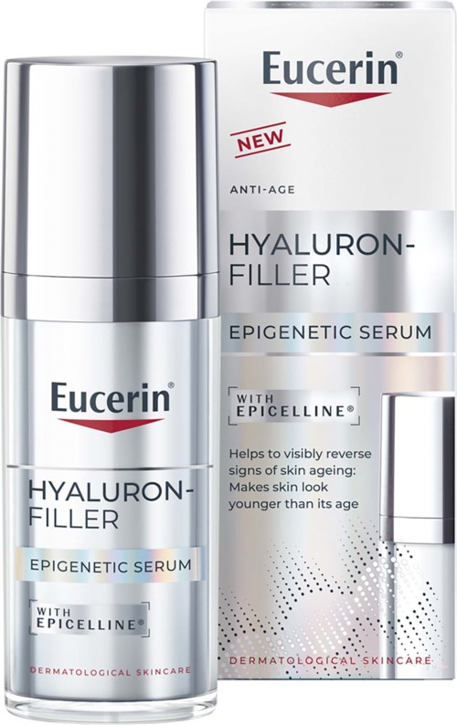 Eucerin Hyaluron-Filler epigenetic serumfles en doos worden getoond, bevordert anti-aging huidverzorging met Epiceillin.