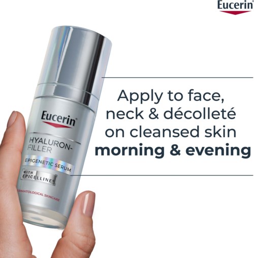 Eucerin Hyaluron Filler serum is voor gezicht, hals en decolleté, te gebruiken ochtend en avond.