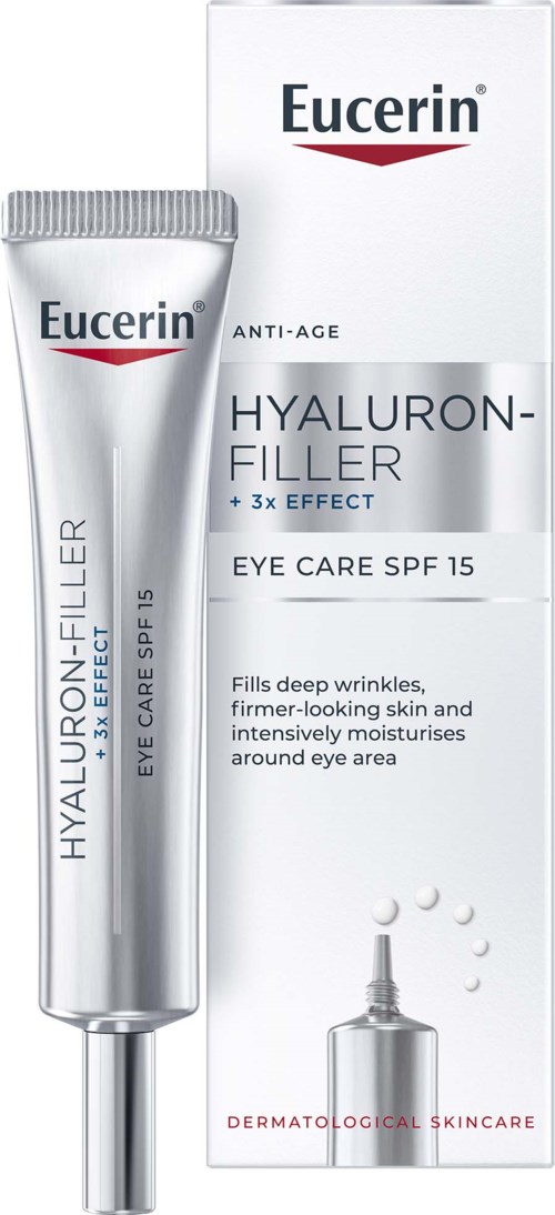 Hyaluron-Filler eye care product with SPF 15 in a tube and box, promotes youthful, moisturized skin around eyes.