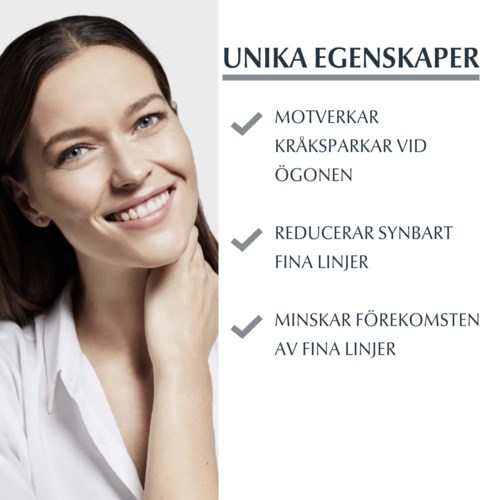 A smiling woman with clear skin and dark hair next to a list of skincare benefits in Swedish.