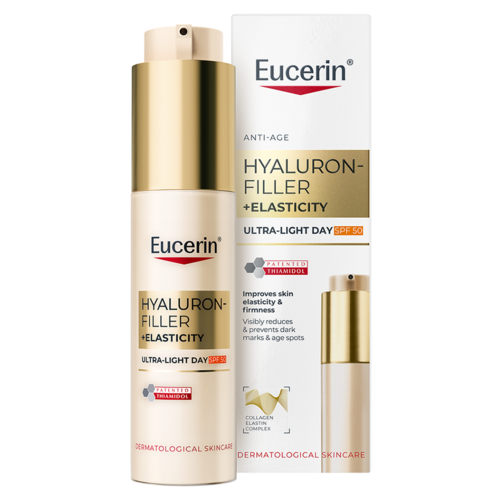 Een huidverzorgingsproduct en verpakking voor Eucerin Hyaluron-Filler met SPF 50, gericht op huidelasticiteit en anti-aging voordelen.