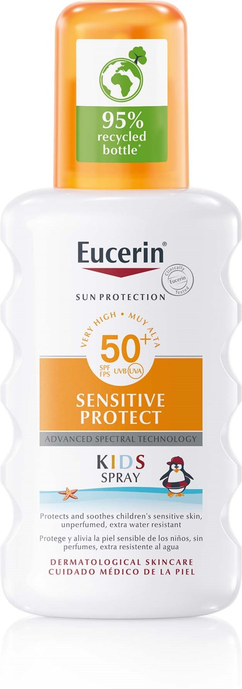 A sunscreen bottle labeled Eucerin, SPF 50+, for kids, with a recycled bottle badge and sun protection indication.