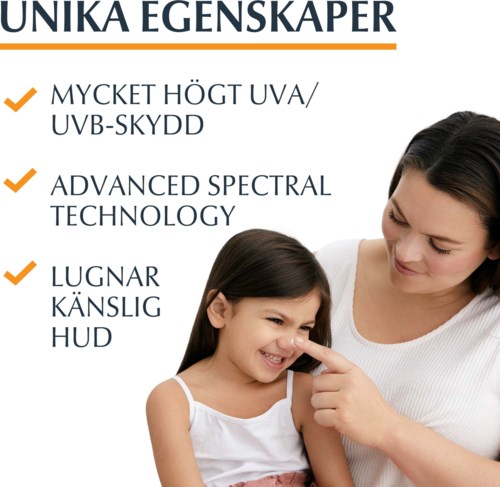 Text lists skin protection features with a woman and girl smiling, pointing at each item.
