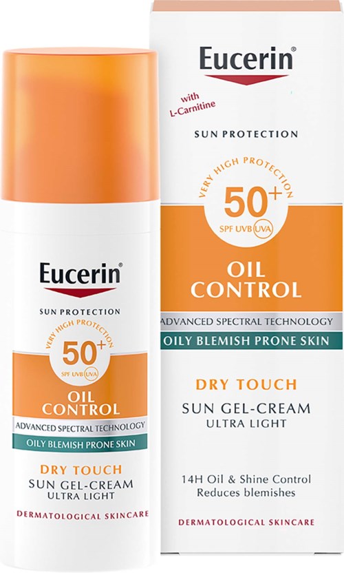 Zonbescherming oliecontrole gelcrème voor vette, onzuivere en gevoelige huid met SPF 50+.
