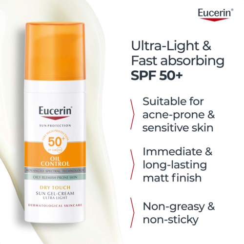 Eucerin zonnebrandcrème met SPF 50+, oliecontrole, voor gevoelige huid, niet vettig en mat finish.