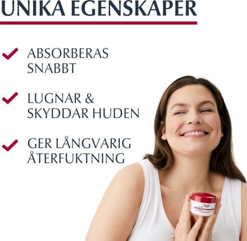 Das Bild zeigt eine Frau, die lächelt und einen kleinen Behälter hält, mit Text zu Hautvorteilen und Eigenschaften.