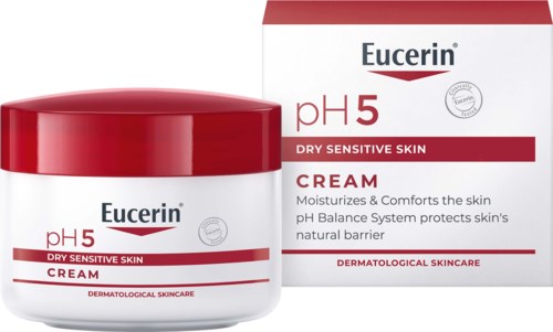 Ein Tiegel und eine Schachtel Eucerin pH 5 Creme für trockene, empfindliche Haut, spendet Feuchtigkeit und schützt die Hautbarriere.