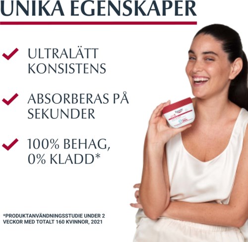 Frau mit dunklem Haar, die lächelt und ein kleines rot-weißes Produkt hält, neben Text mit Produktmerkmalen.