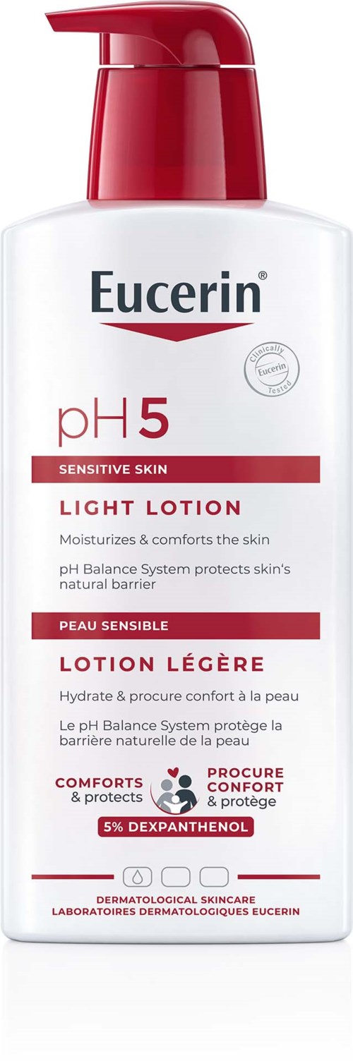 A white bottle with a red cap and pump, labeled Eucerin pH5 Light Lotion for sensitive skin.