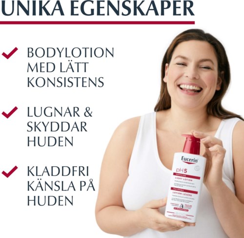 A woman smiling, holding a bottle of skincare product, with text about skin benefits and features.