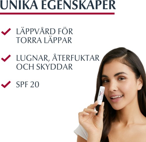 Huidverzorgingsproduct voor droge lippen, kalmeert, herstelt, beschermt, met SPF 20, getoond door lachende vrouw die de buis vasthoudt.