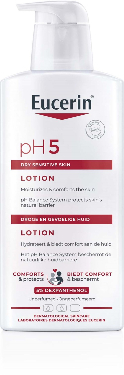 Een witte fles Eucerin pH5 lotion voor droge, gevoelige huid met pompdop.