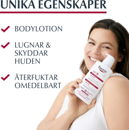 Vrouw houdt een huidverzorgingsproduct, glimlacht, met tekst over huidvoordelen en producteigenschappen.