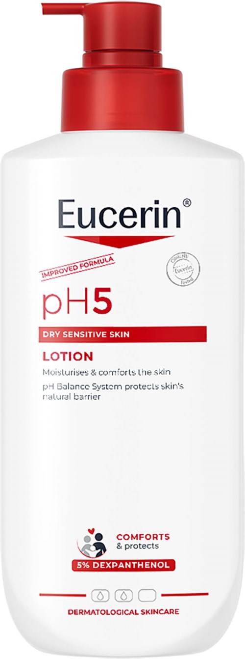 Eucerin pH5 lotion for tørr sensitiv hud i en hvit flaske med rød pumpe.