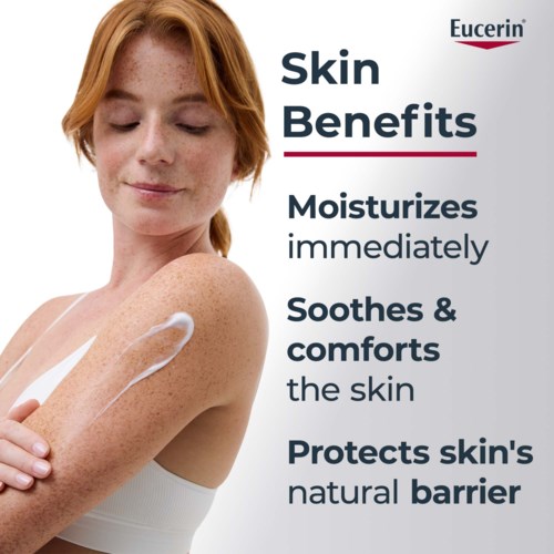 Eucerin-logo med tekst om hudfordeler som fukter, demper og beskytter hudens naturlige barriere.