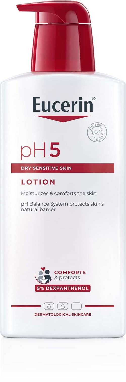 Eine weiße Lotionflasche mit rotem Pumpspender, gekennzeichnet Eucerin pH 5 für trockene, empfindliche Haut. Bietet Feuchtigkeit und Schutz.