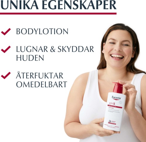 Frau lächelt, hält eine Lotionflasche, mit einer Liste der Hautvorteile auf Deutsch.