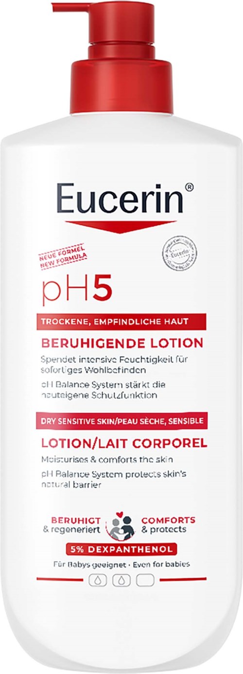 Eucerin lotionflaske med rød pumpe, for sensitiv tørr hud med pH5 og depanthenol.