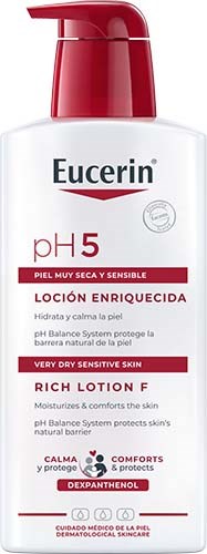 Red and white bottle of Eucerin face lotion for very dry, sensitive skin with pH 5, moisturizing and calming.