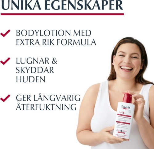 A woman smiling, holding a skincare product, with text highlighting its benefits like firming and protecting skin.
