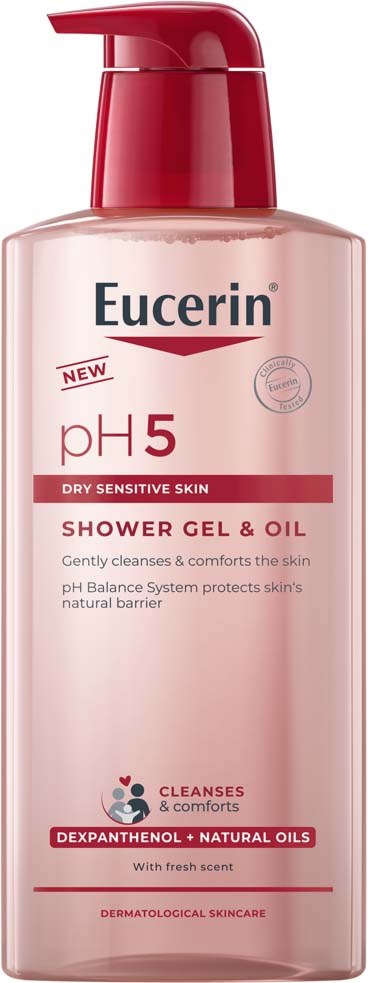 Een fles Eucerin douchegel en olie voor de droge huid, met pH 5, in een roze verpakking.
