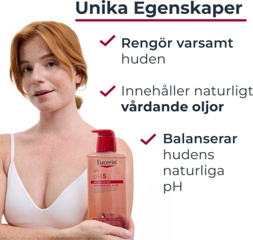 Vrouw met rood haar promoot Eucerin douchegel met natuurlijke oliën, reinigt de huid en houdt pH in balans.