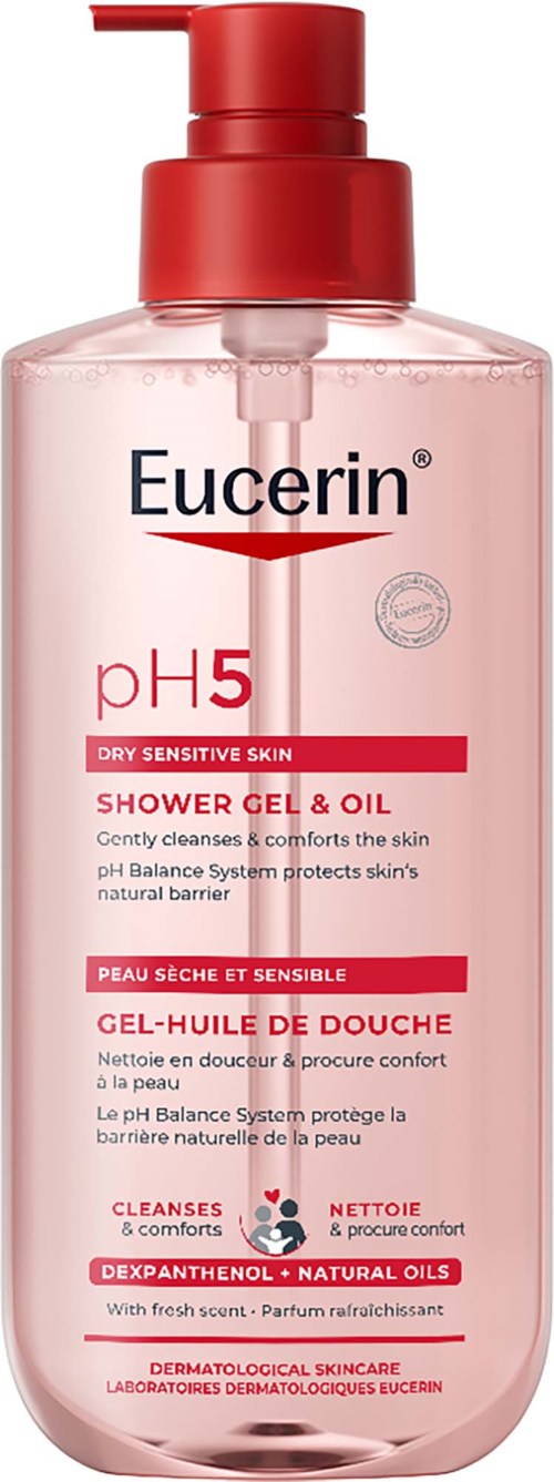 Eucerin suihkugeeli pH5 herkälle iholle vaaleanpuna-muovipullossa, jossa pumppu.