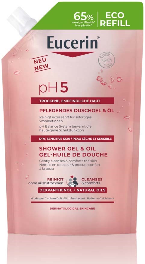 Eucerin douchegel en olie met pH 5 voor droge, gevoelige huid, bevat dexpanthenol en natuurlijke oliën, 65% eco refill.