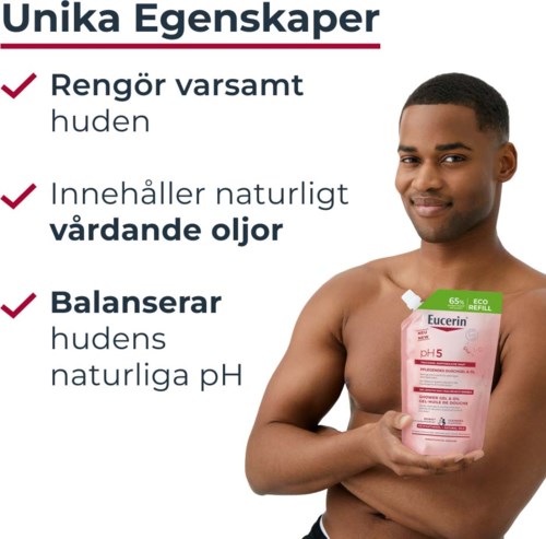 Een man houdt een Eucerin huidverzorgingsproduct vast met tekst over huidverzorging, natuurlijke oliën en pH-balans.