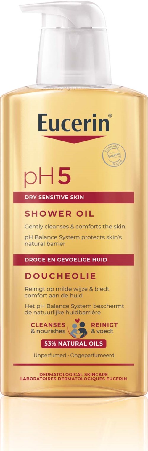Eucerin doucholie voor droge, gevoelige huid met pH 5, bevat 53% natuurlijke oliën, mild en voedend.