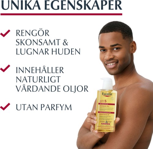 Een lachende man houdt een gele Eucerin-doucheolie op rechts, met lijst van huidvoordelen links.