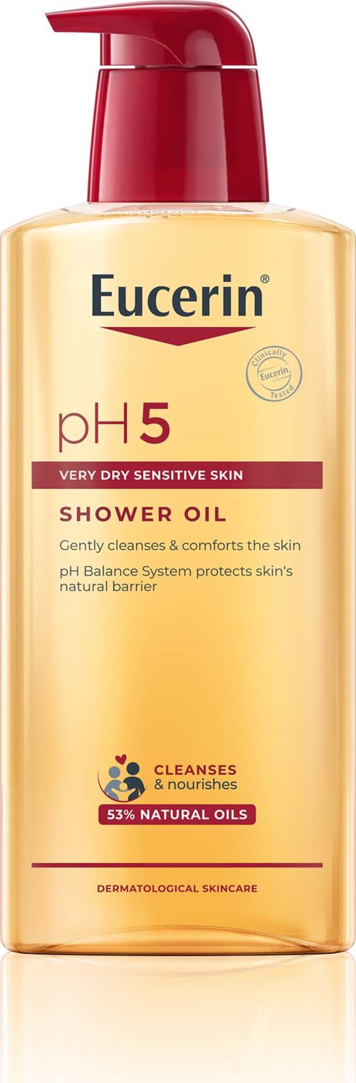 Eine Flasche Eucerin Duschöl für sehr trockene, empfindliche Haut mit pH 5, enthält natürliche Öle und schützt die Haut.