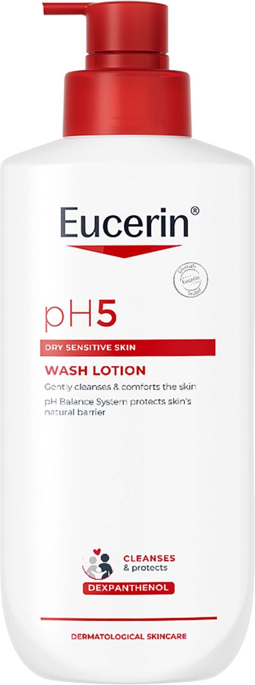 Eucerin pH5 for tørr og sensitiv hud vaskelotionflaske med pump, hvit med rød hette og etikett.