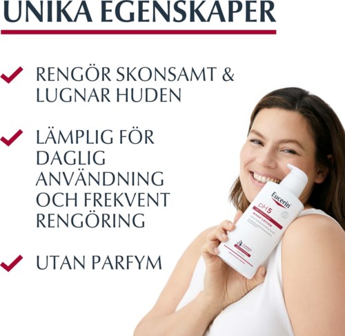 Eine lächelnde Frau hält ein Hautpflegeprodukt, mit Text, der seine Sanftheit, Eignung und Duftfreiheit betont.