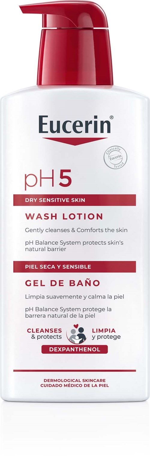 Een witte fles Eucerin waslotion met pomp, voor droge, gevoelige huid, pH 5, reinigt en beschermt.