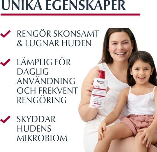 Advertentie voor huidverzorgingsproduct met lachende vrouw en meisje, tekst over huidvoordelen en gebruik.